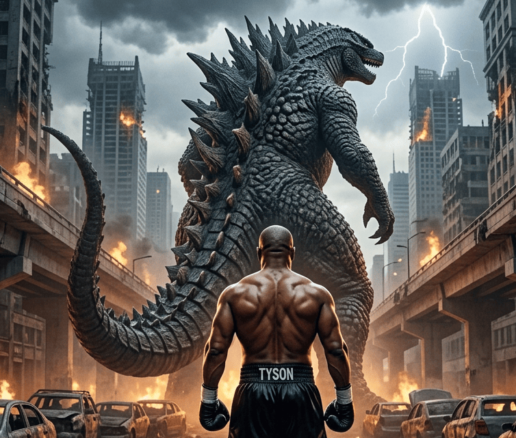 Boxer facing kaiju in an urban street ring